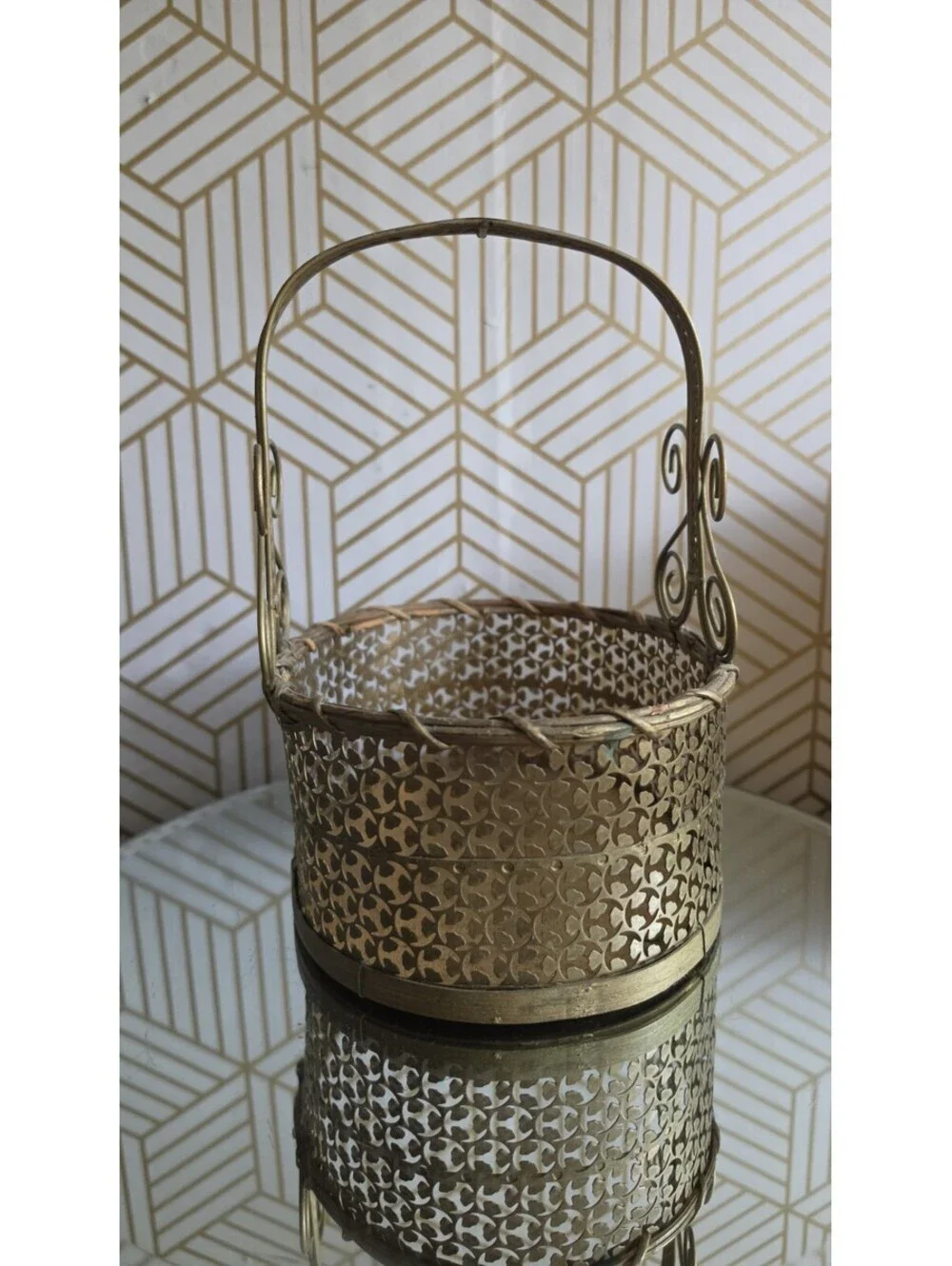 Vintage Perforated Gold Metal Scroll And Wood Basket